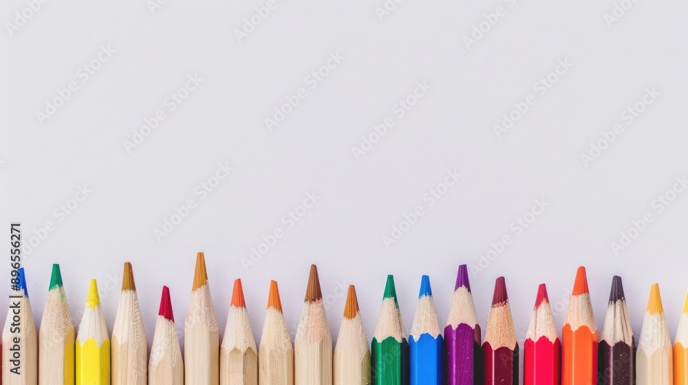 Colorful wooden pencils arranged alone against a white backdrop Colorful wooden pencils arranged alone against a white backdrop