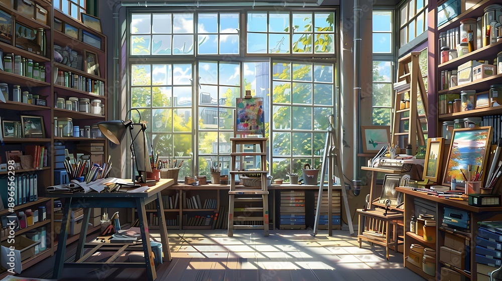 An artist's studio with shelves filled with art supplies, large windows allowing natural light, and a cluttered worktable An artist's studio with shelves filled with art supplies, large windows allowing natural light, and a cluttered worktable