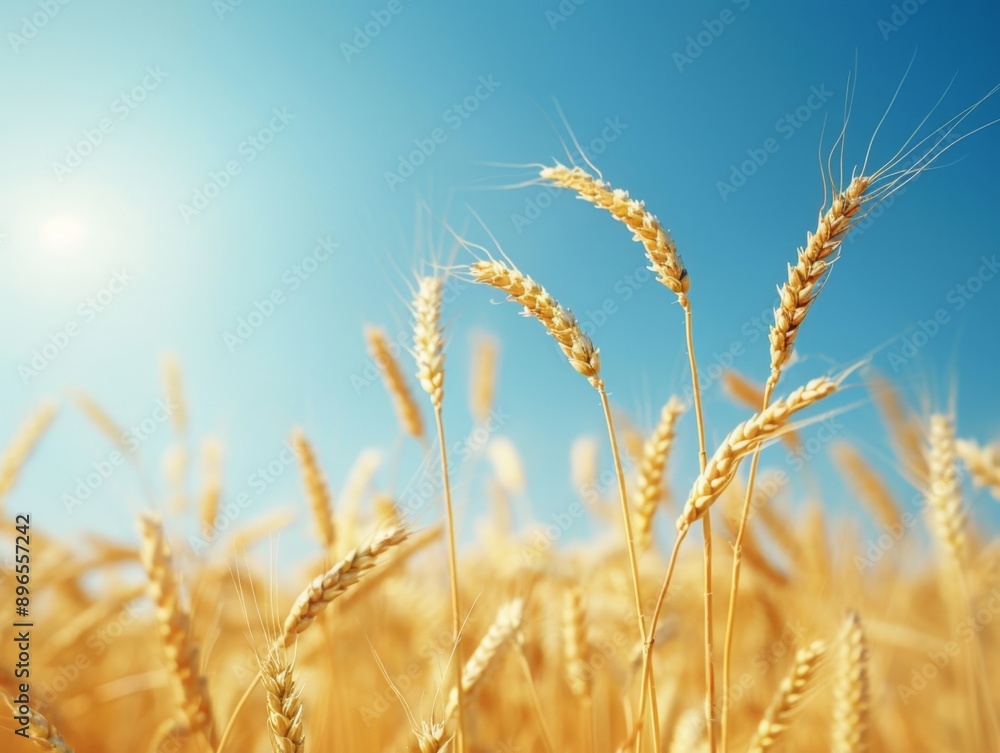 Golden wheat field with clear blue sky on background. Agriculture, farming, harvest concept landscape Golden wheat field with clear blue sky on background. Agriculture, farming, harvest concept landscape
