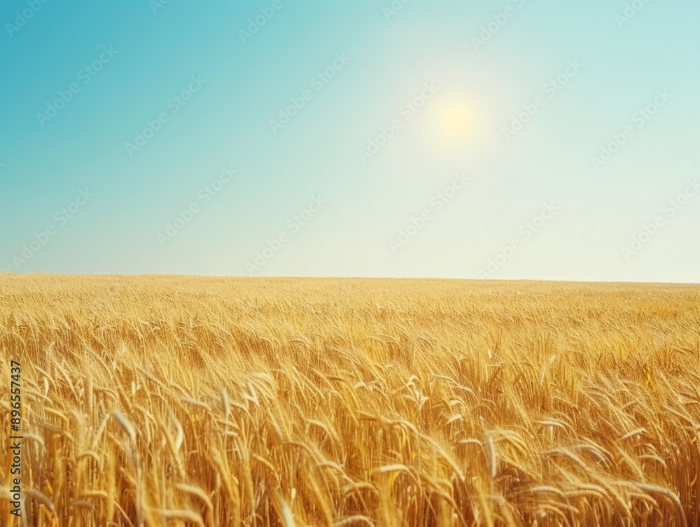 Naklejka premium Golden wheat field with clear blue sky on background. Agriculture, farming, harvest concept landscape