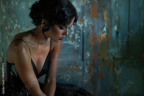 A woman in a black dress is sitting on a wall