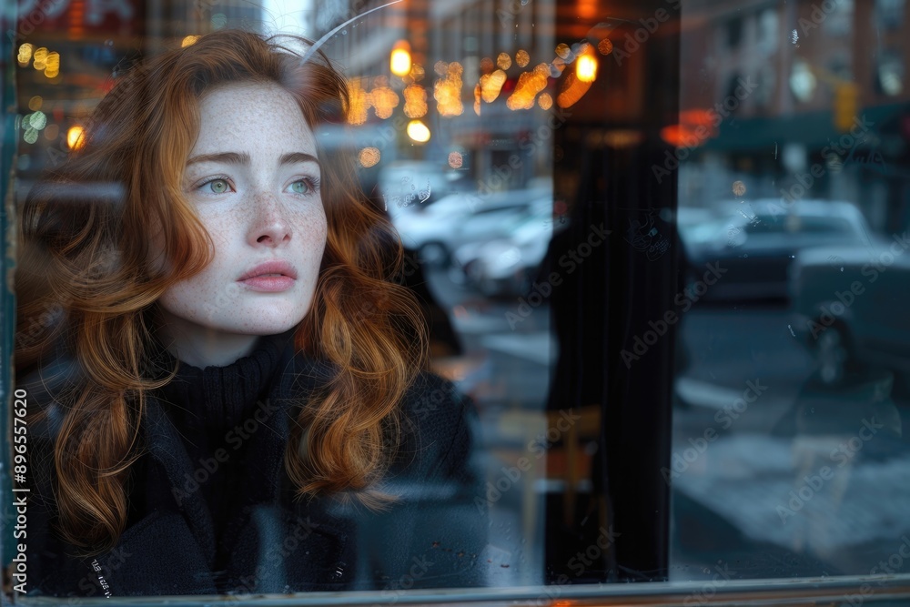 A woman with red hair is looking out a window at the street