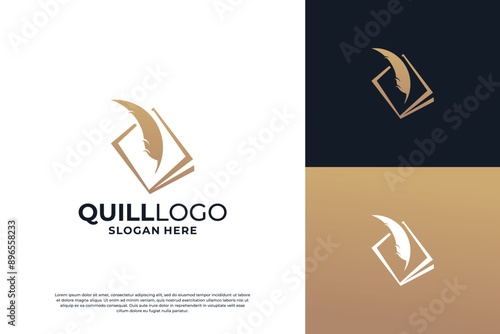 Book story logo design with feather pen combination