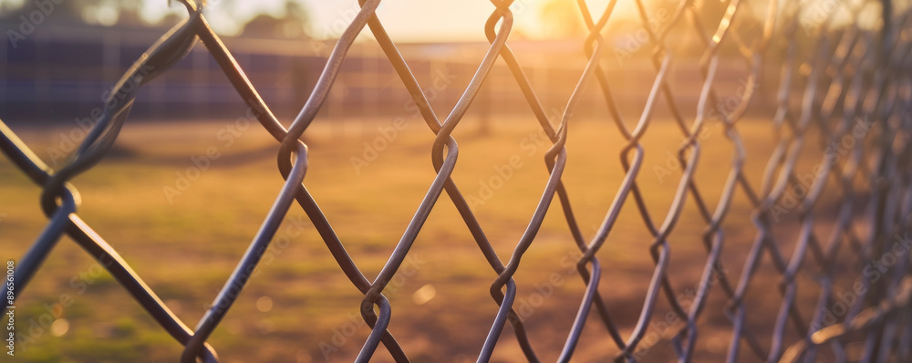 Naklejka premium Chain link fence with sunset background, urban scene