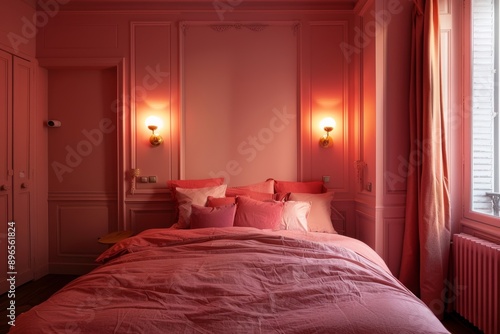 Luxury bedroom interior with pink bed and red pillows.