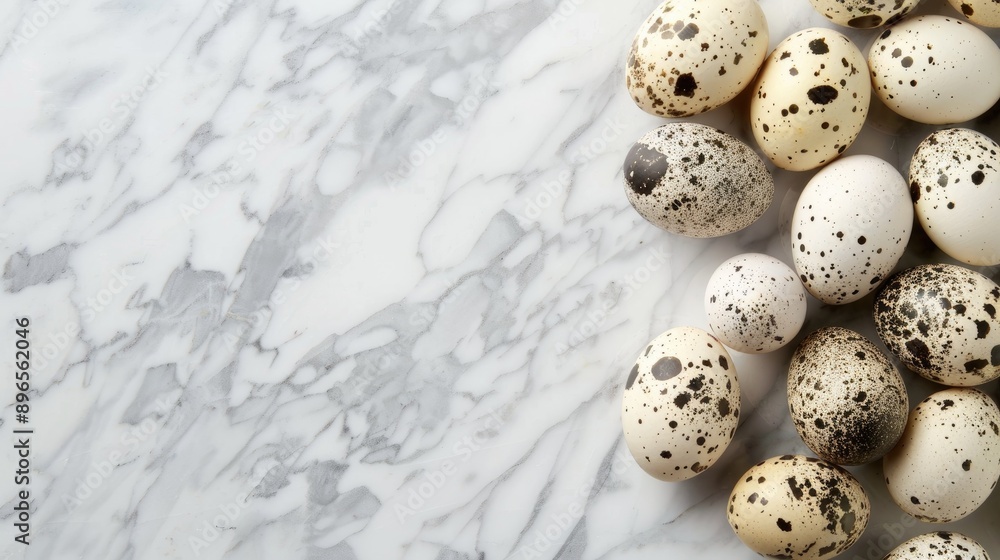 Quail eggs displayed on marble surface from above Quail eggs displayed on marble surface from above