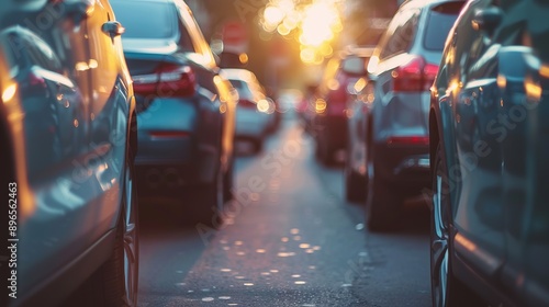 Wallpaper Mural Rows of Parked Cars on Asphalt Under Sunset Light with Blurred Background. Peaceful Evening Scene with Neatly Aligned Vehicles in Urban Parking Lot. Torontodigital.ca