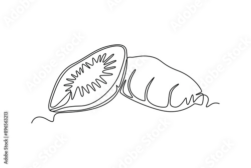 Single continuous line drawing whole health organic sweet potato for farm logo identity. Fresh tuberous morning glory concept for horticultural icon. One line draw graphic design vector illustration