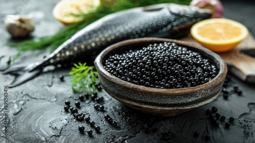 Healthy meal with black caviar sturgeon and fresh stellate sturgeon on rustic background photo