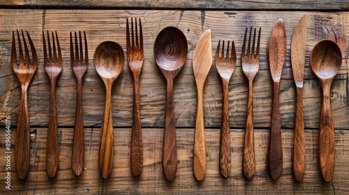 A row of wooden utensils including spoons, forks, and knives. The utensils are arranged in a line on a wooden table