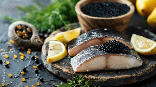 Healthy meal with black caviar sturgeon and fresh stellate sturgeon on rustic background photo