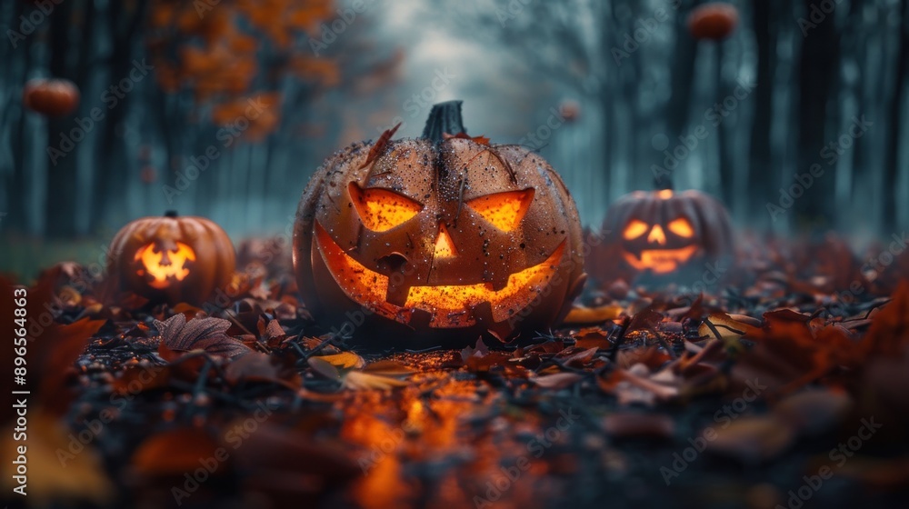 A pumpkin with a scary face is lit up in the dark. A pumpkin with a scary face is lit up in the dark.