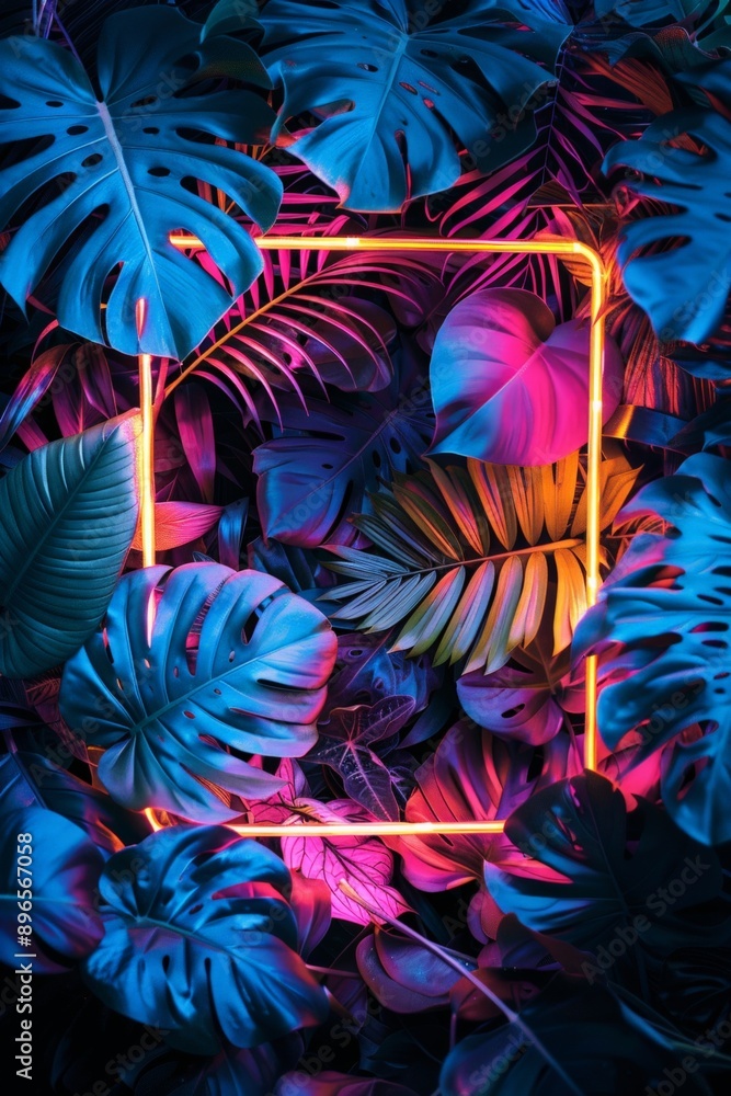 Neon-lit tropical leaves creating a mesmerizing, glowing frame in vibrant pink and blue tones. Neon-lit tropical leaves creating a mesmerizing, glowing frame in vibrant pink and blue tones.