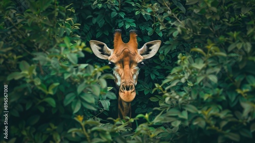 Giraffe head amidst dense greenery photo