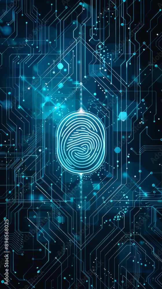 Blue circuit board background with biometric scan icon in the center, digital security technology concept with fingerprint or identity recognition. Blue circuit board background with biometric scan icon in the center, digital security technology concept with fingerprint or identity recognition.