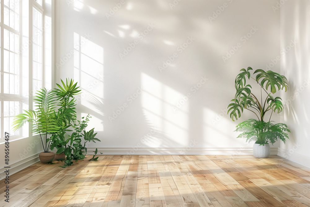 Fototapeta premium Empty white room with a wooden floor and plants.