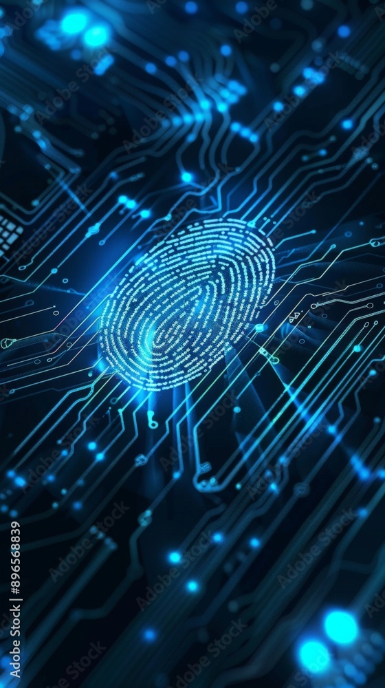 Blue circuit board background with biometric scan icon in the center, digital security technology concept with fingerprint or identity recognition. Blue circuit board background with biometric scan icon in the center, digital security technology concept with fingerprint or identity recognition.