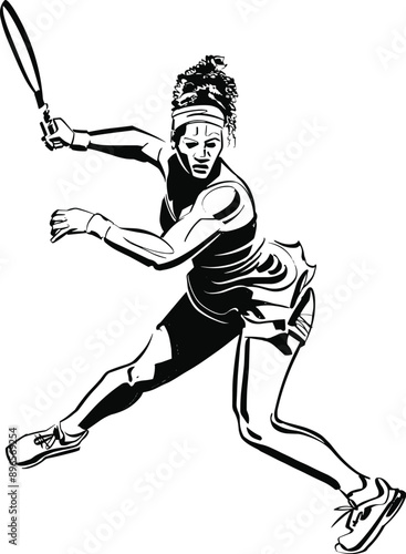 vector sketch of the female tennis player with a rocket and tennis ball