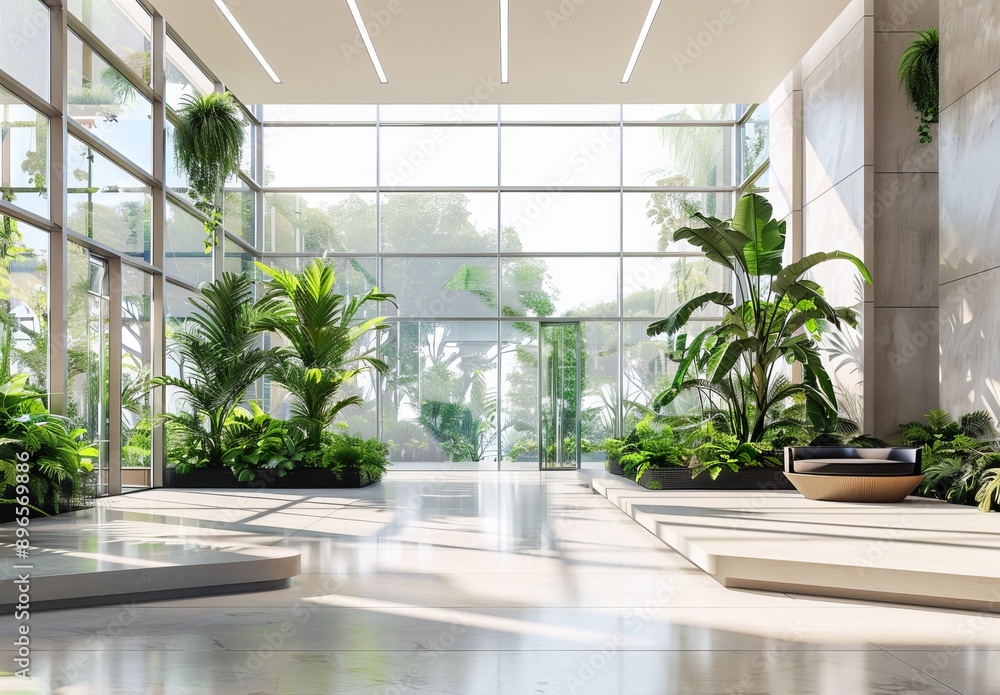Interior of modern office with white walls, tiled floor, large windows and rows of plants. Interior of modern office with white walls, tiled floor, large windows and rows of plants.