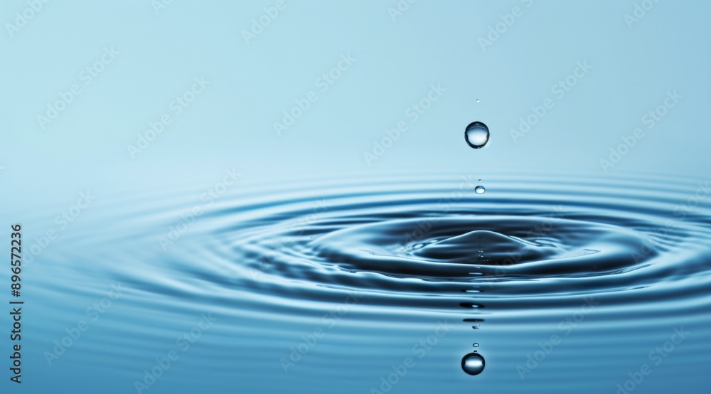 Water drop falling with beautiful ripples and reflection on a light blue background, wide banner with copy space area for design or text. Water drop falling with beautiful ripples and reflection on a light blue background, wide banner with copy space area for design or text.