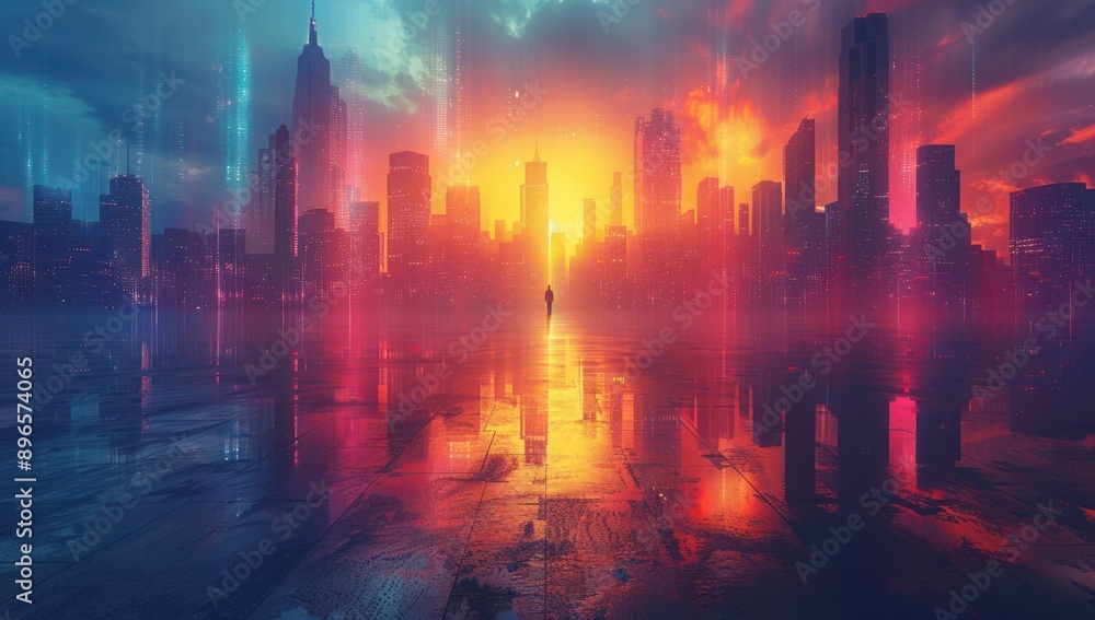 A lone figure walks towards the city skyline A lone figure walks towards the city skyline