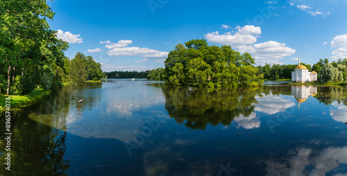 Beautiful panorama on the large pond of Catherine Park with the Turkish bath. Tsarskoe Selo, Pushkin, St. Petersburg, Russia.