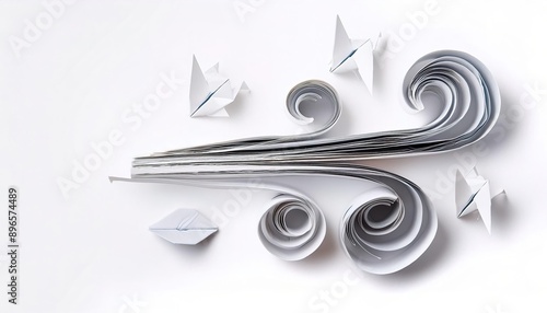 atmosphere or meteorology paper origami concept of gail force wind, gust, blow as seen in heavy thunderstorm, hurricane, tornado or bad inclement weather. isolated on white background with copy space photo