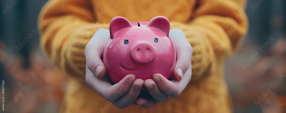 A person holding an adorable pink piggy bank, with the focus on their hands and the cute face of the ceramic figure.
A person holding an adorable pink piggy bank, with the focus on their hands and the cute face of the ceramic figure.