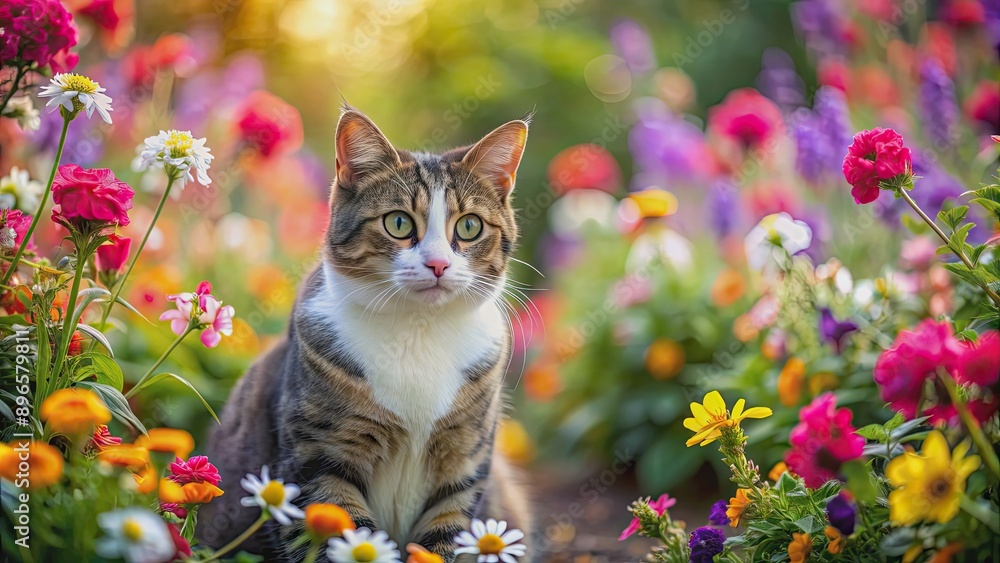 Fototapeta premium Cat sitting among a bed of blooming flowers, love, valentine's day, pet, feline, floral, heart, romantic, affection, furry, cute