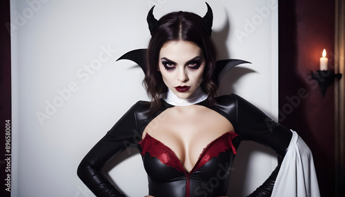 vampiric woman getting ready for halloween photo