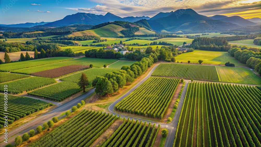 Fototapeta premium Aerial view of lush vineyards in Oregon with mountains in the background, Peak, vineyards, Oregon, aerial view