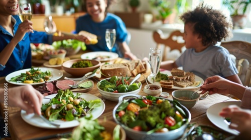 A family enjoying a vegan dinner at home. featuring a table full of diverse plant-based dishes. focusing on family bonding and healthy eating. ideal for family and lifestyle publications © Hooks