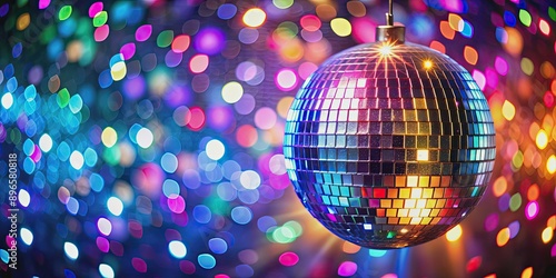 Shiny disco ball reflecting colorful lights at a party, nightclub, dance, mirror ball, party, shiny, spinning, reflection