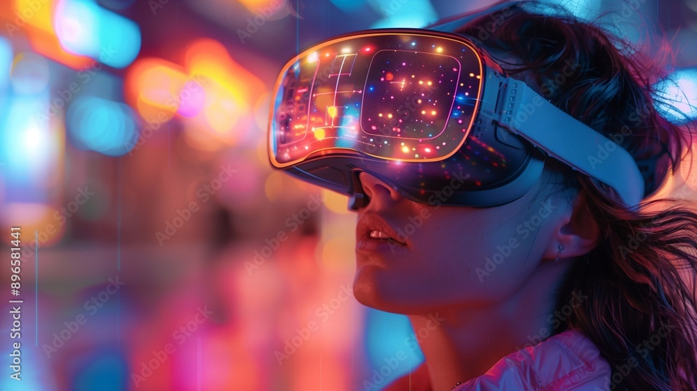 Woman Exploring a Neon Virtual World Woman Exploring a Neon Virtual World
