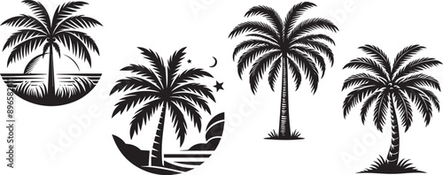 beach view palm tree silhouette vector on a white  background