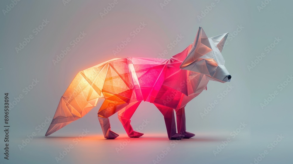Obraz premium Elegant Origami Fox in Studio Light on Violet Background, Minimalistic Design with Bold Details, Generative Ai
