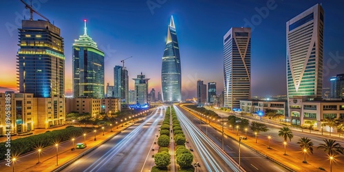 Night view of Al Faisaliah Tower and Riyadh Towers on Tahlia Street in Riyadh