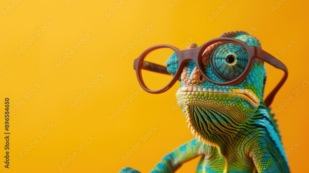 Camouflaged Style A Fashionable Chameleon Wearing Glasses in Vibrant Orange Background with Copy Space Camouflaged Style A Fashionable Chameleon Wearing Glasses in Vibrant Orange Background with Copy Space