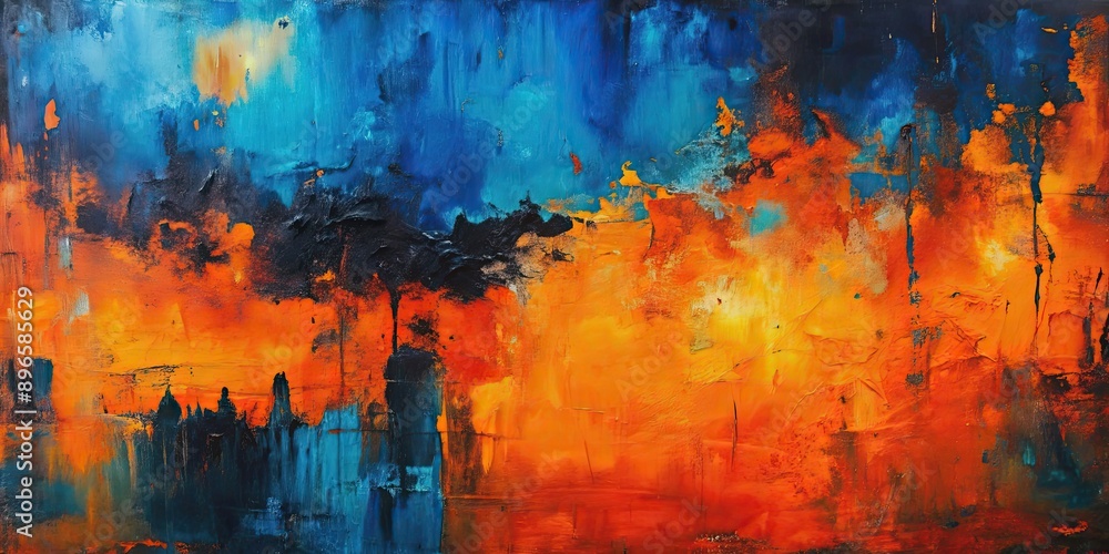 Fototapeta premium Abstract painting featuring vibrant orange, deep blue, and bold black colors, abstract, painting, orange, blue, black, vibrant