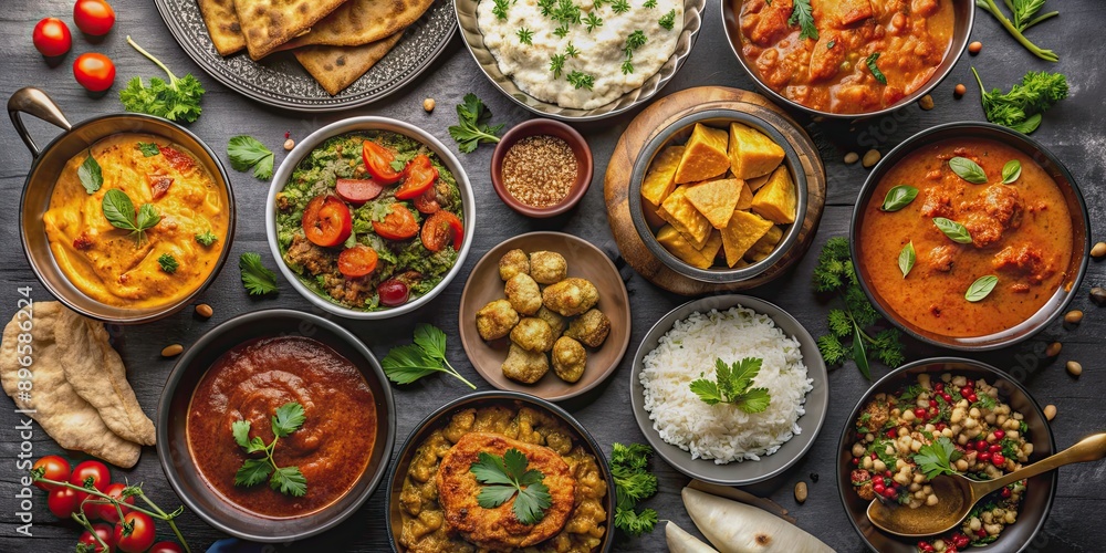 Assorted Indian food dishes on black background, Indian, food, cuisine, curry, spices, flavors, traditional, cultural Assorted Indian food dishes on black background, Indian, food, cuisine, curry, spices, flavors, traditional, cultural