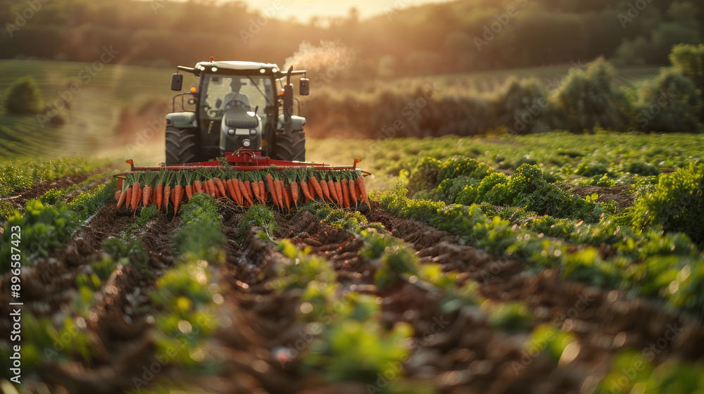 Tractor Harvesting Carrots in a Lush Green Field at Sunset with Sunlight Streaming Through Trees Tractor Harvesting Carrots in a Lush Green Field at Sunset with Sunlight Streaming Through Trees