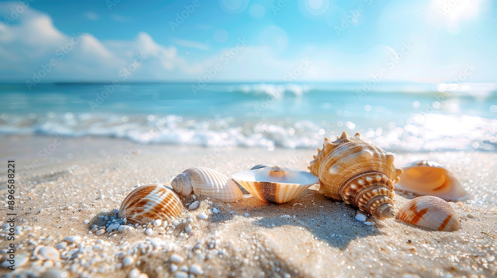 Beautiful Seashells on a Sandy Beach with Ocean Waves and Blue Sky in the Background Beautiful Seashells on a Sandy Beach with Ocean Waves and Blue Sky in the Background
