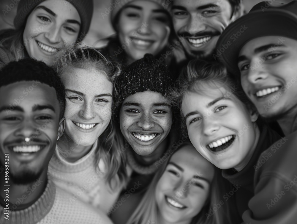 A group of people gathered together in a black and white photo A group of people gathered together in a black and white photo