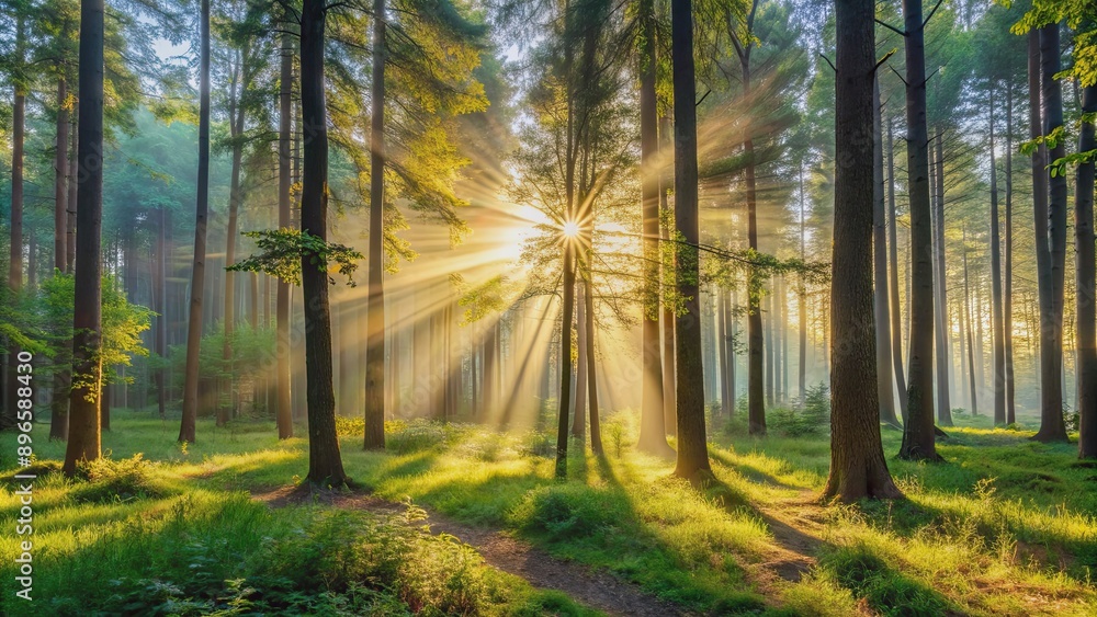 A serene morning in the woods with sunlight filtering through the trees, nature, peaceful, forest, trees, tranquil A serene morning in the woods with sunlight filtering through the trees, nature, peaceful, forest, trees, tranquil