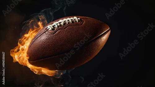 American football ball on fire flying, sports concept, black background.