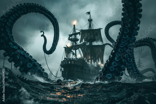 Kraken Attacking a Pirate Ship with Tentacles in a Halloween Fright