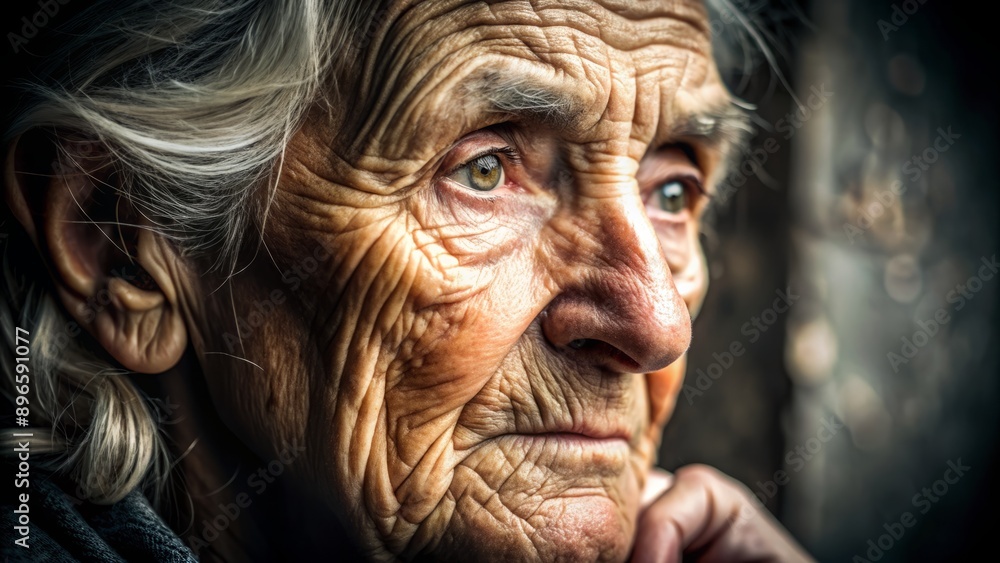 A weathered, wrinkled face of an elderly woman, lost in thought, conveys a deep sense of loneliness and nostalgia, evoking feelings of warmth and empathy. A weathered, wrinkled face of an elderly woman, lost in thought, conveys a deep sense of loneliness and nostalgia, evoking feelings of warmth and empathy.