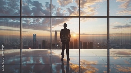 A businessman standing with cityscape background