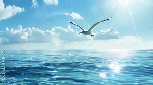 Seagull soaring over water with room for text