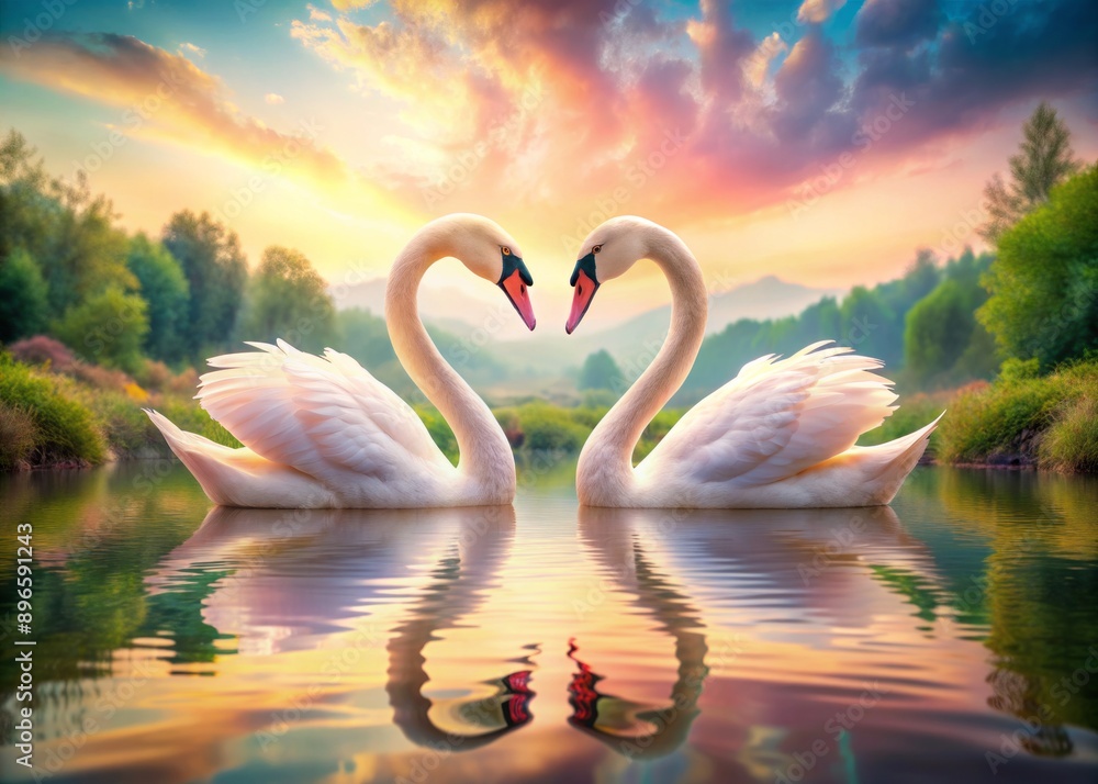 Fototapeta premium Tender pink swans form a romantic heart shape with their curved necks and heads, set against a serene and idyllic natural landscape, perfect for Valentine's Day.